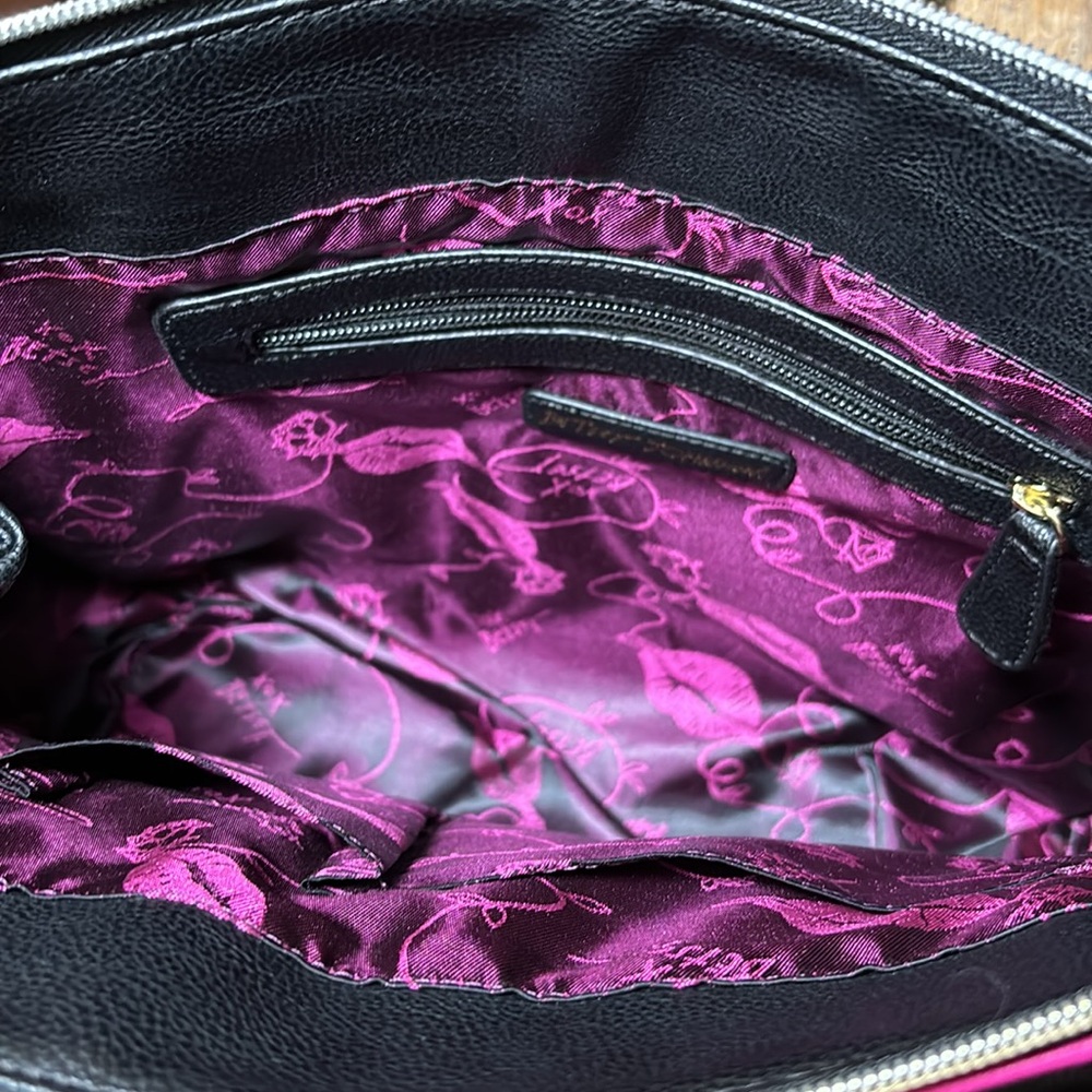 Betsey Johnson Studs and Flowers Black Hot Pink Striped Bag 11.5”Wx10”Hx5.75”D - Picture 9 of 17